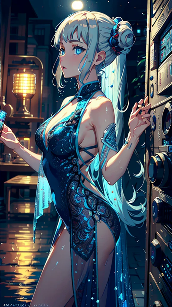 (masterpiece, Highest quality,4K resolution),
(Mysterious close-up shot of a Nixie tube taken from the side), 
Her shiny scales reflect the moonlight.,
Deep blue eyes hold the secrets of the deep galaxy,
The water droplets on her skin sparkled like diamonds.,
,Tutututu, China dress,(See through), 
 