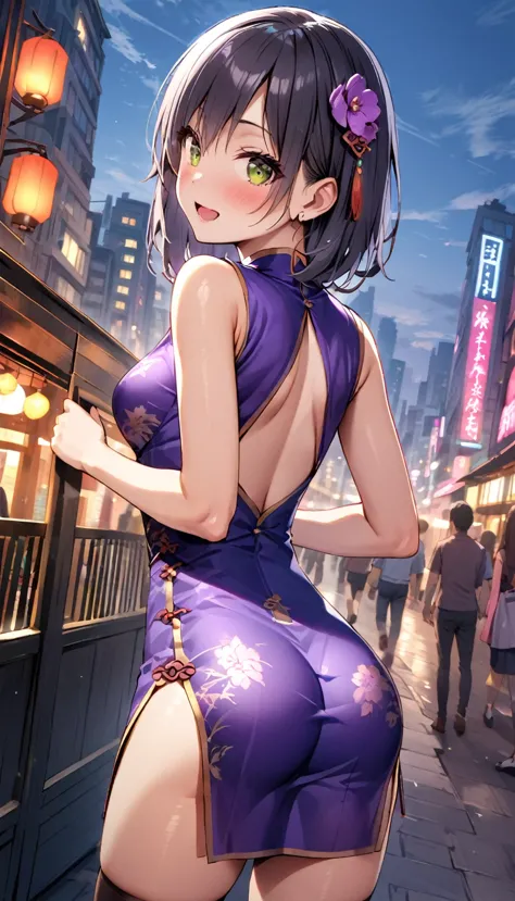 woman,20-year-old,city,(((purple Silk cheongsam))),,open mouth smile((black hair)),blush、,((turn around and look back))()Reflect...