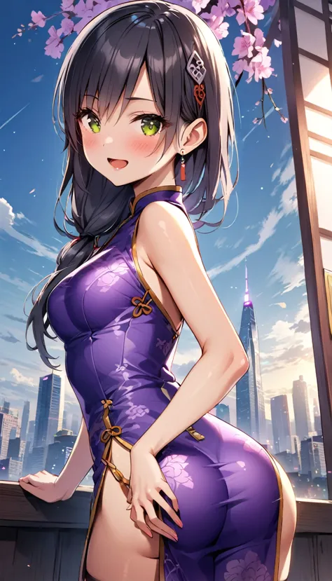 woman,20-year-old,city,(((purple Silk cheongsam))),,open mouth smile((black hair)),blush、,((turn around and look back))()Reflect...