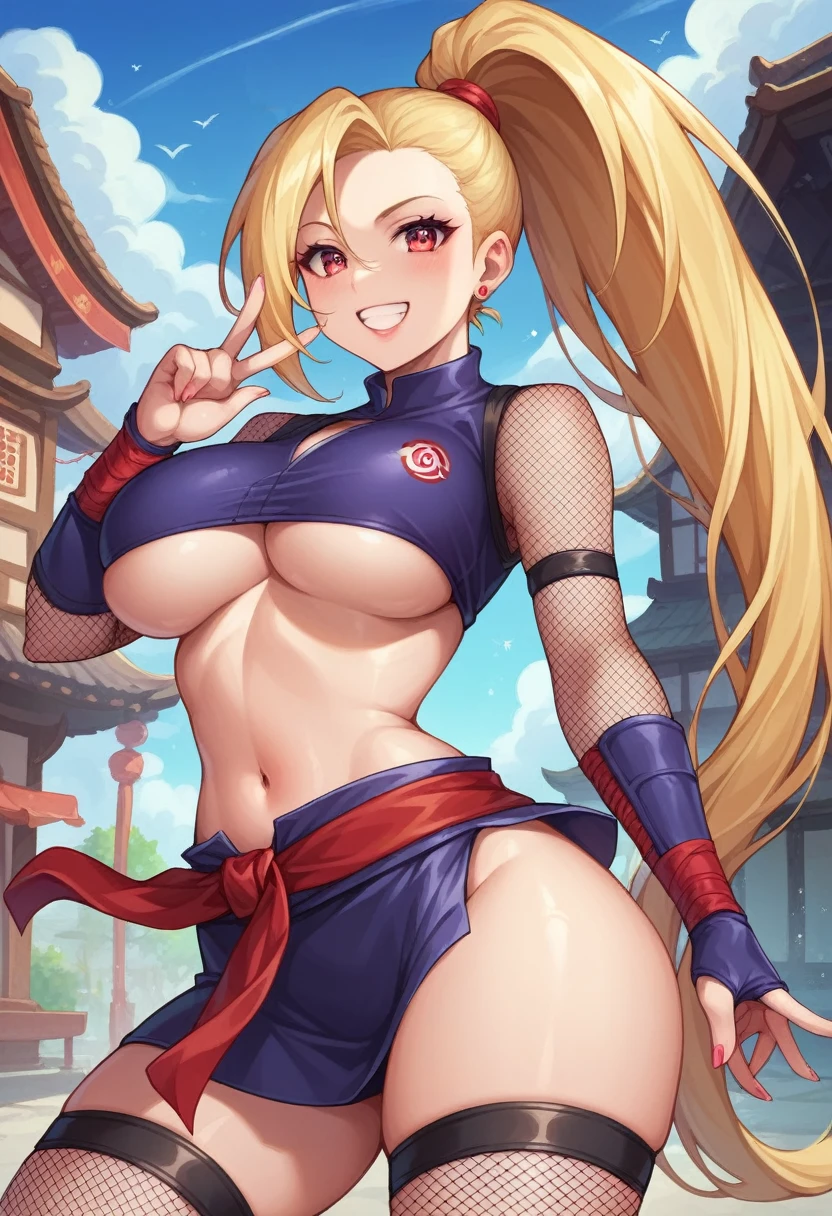 masterpiece, best quality, (1 girl), solo, wide hips, (big breasts), slutty grin, young girl, wide hips, ninja village, nighttime, detailed eyes, open mouth, ((wearing a slutty ninja outfit)), slutty, (very long hair), curvy, nice hips, kunoichi, ((ninja girl)), ninja outfit, midriff, short skirt, (fishnet), underboob, kunoichi skirt, blonde hair, fishnet bodycon, wide hips, (ino yamanaka),