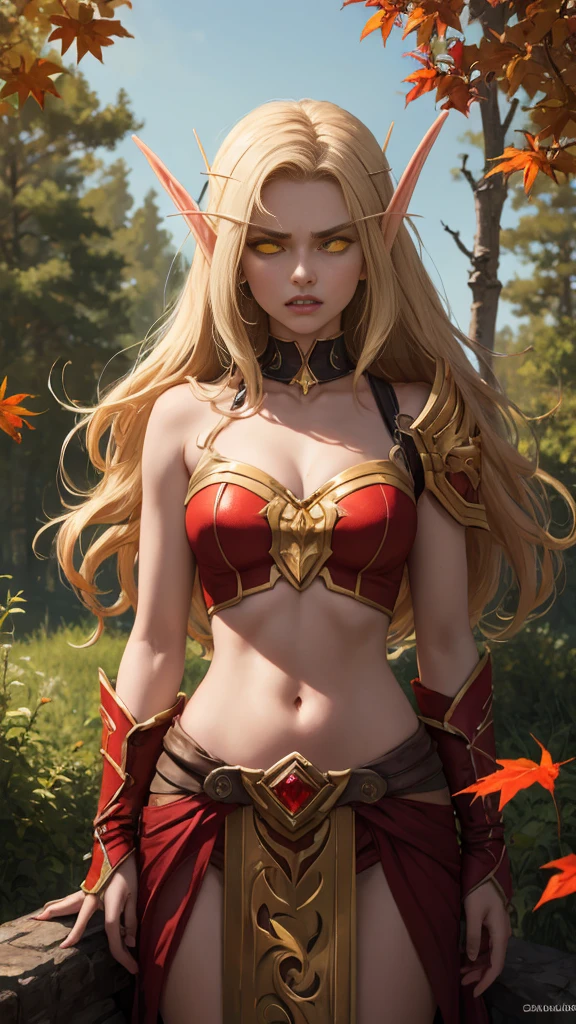 (Masterpiece, highly detailed, highly quality,  highly resolutions), SplitScreen, split screen, BREAK bldelf, angry, clenched teeth, glowing eyes, yellow eyes, Blonde hair, colored sclera, mature female, red short shirt, navel, red shoulder pad, gold trim, yellow leaves, jewelry, looking at viewer, forest, day, bare shoulders, Fall season