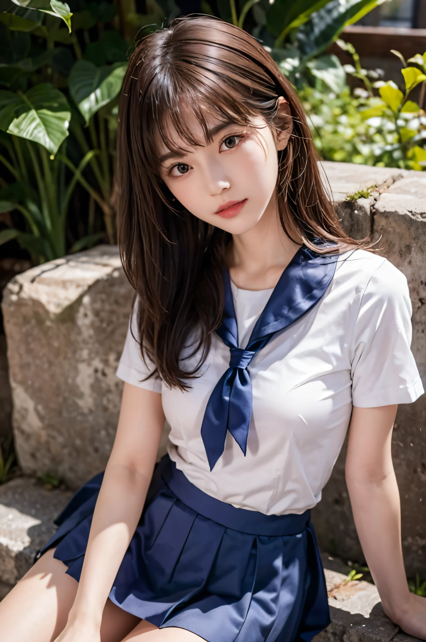 (ultra HD), (White short sleeve shirt, Sailor suit, Navy blue mini skirt, Tight fit), Big Breasts, Slender, whole body, (Clean and shiny skin, Whitening, No makeup), (超Slenderな顔立ち, Super beautiful face, Delicate face), (long hair, Layered Cut, Fluffy hair,light brown), (Patchy double eyelids, Slanted Eyes), Small Nose, Thin lips, Thin legs, Schoolyard