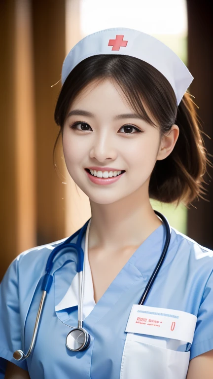 (Ulzzang-6500-v1.1, masterpiece, highest quality:1.3, ultra-detailed 8k:1.2, hyperrealistic:1.35, raw photo:1.2, highest quality, high resolution, wallpaper, realistic, dramatic, realistic painting art by midjourney:1.3, 1 nurse, 28yo, pink nurse uniform, basic nurse cap, short white tight skirt:1.3, super beautiful, beautiful skin, dimples, beautiful and detailed eyes, detailed face, symmatrical face, perfect style, resting in a hospital, cowboy_shot, ample bosom, very detailed face, stethoscope, double eyelid, snaggle-tooth, brown eyes, short ponytail hair, chest strengthening, emphasize body line, friendly smile, beautiful lips, glossy lips, white teeth, bokeh background, perfect lighting, natural soft light)