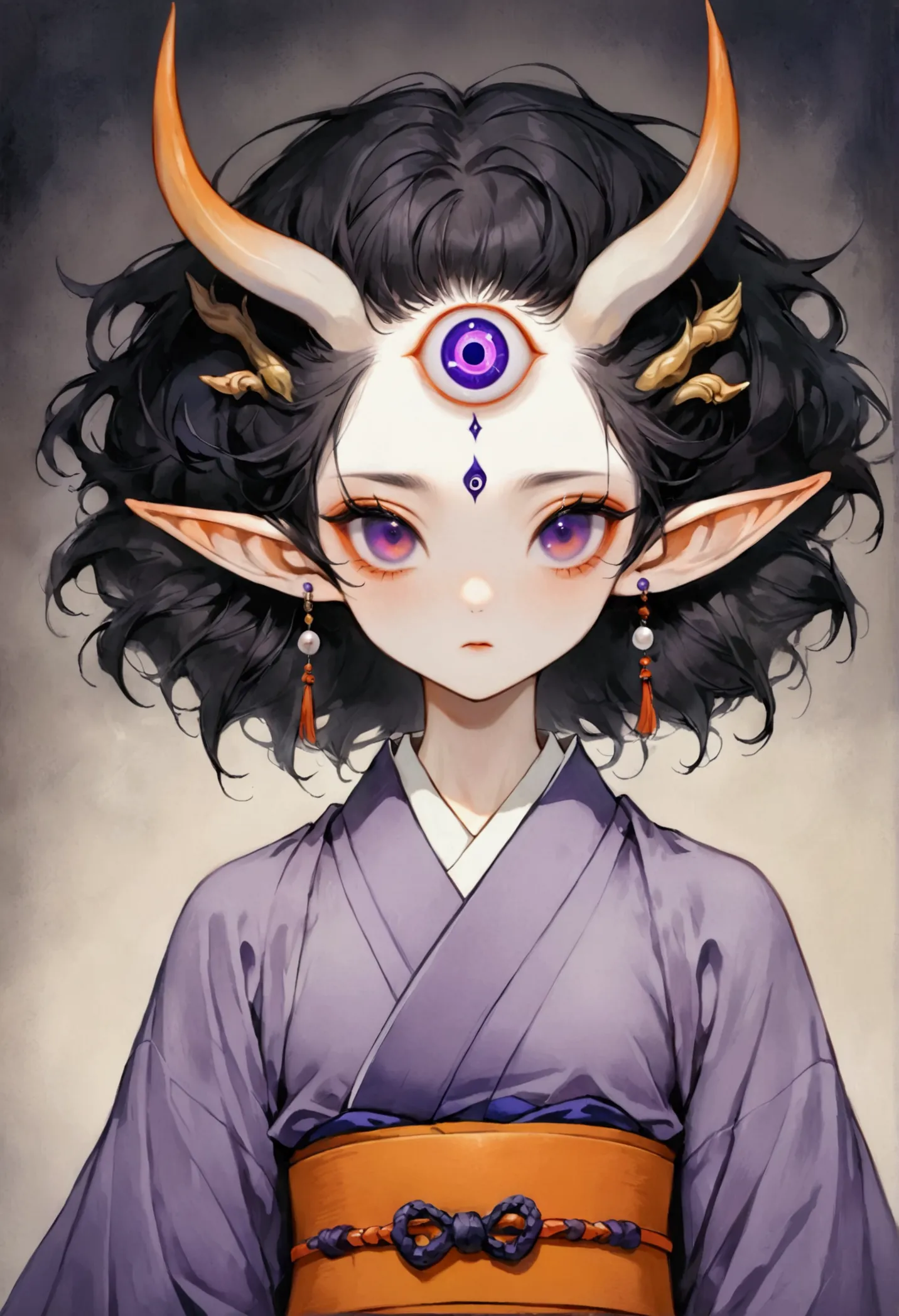 art illustration，dark style，(((1 boy，独奏，third eye on the forehead，elf ears))),(((gorgeous japanese purple kimono：1.6，eye diagram...