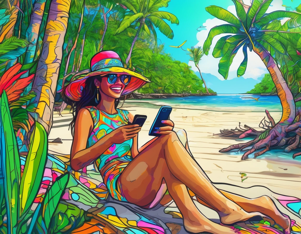 Tropical sandy beaches、Lush mangrove forest、Beautiful woman searching on smartphone、smile、laughter、 Detailed marker outline, cute, Art Brut Style, Dynamic pose, whimsical expression, Bright and vibrant colors, Dynamic Lighting, Digital Painting, masterpiece, (Highest quality,4K,8k,High resolution,masterpiece:1.2),Very detailed,(Realistic,photoRealistic,photo-Realistic:1.37)