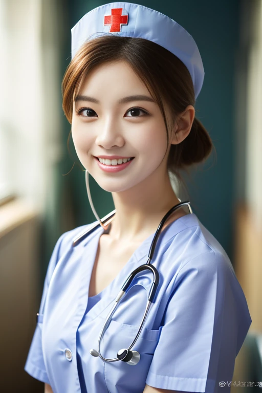 (Ulzzang-6500-v1.1, masterpiece, highest quality:1.3, ultra-detailed 8k:1.2, hyperrealistic:1.35, raw photo:1.2, highest quality, high resolution, wallpaper, realistic, dramatic, realistic painting art by midjourney:1.3, 1 nurse, 28yo, white nurse uniform, basic nurse cap, short white tight skirt:1.3, super beautiful, beautiful skin, beautiful and detailed eyes, detailed face, symmatrical face, perfect style, treatment room in a hospital room, take photos from up close to her, ample bosom, very detailed face, stethoscope, double eyelid, snaggle-tooth, brown eyes, short ponytail hair, chest strengthening, emphasize body line, friendly smile, beautiful lips, glossy lips, white teeth, detailed background of the hospital room, perfect lighting, natural soft light)