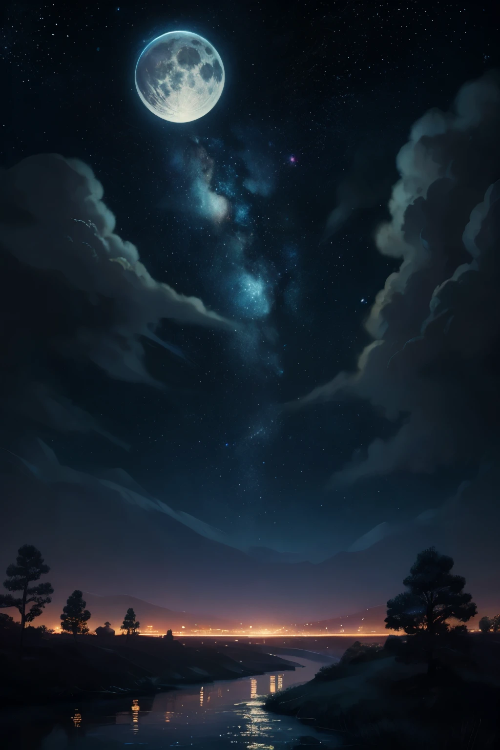 A highly condensed beauty dressed in a painting of stars and moons in the river and sky, concept art inspired by Tosa Mitsuoki, pixiv competition winner, best quality, fantasy art, beautiful anime scenes, a round of bright moon, starry sky environment in the moonlight, dream painting, anime background art, dream landscape art, fantastic night, anime background, background artwork, fantastic art, atmospheric anime, starry sky, detail enhancement.  