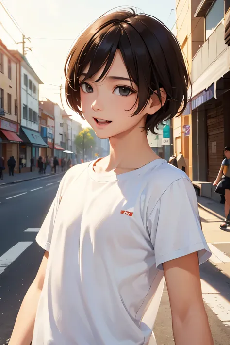 sunny at noon, (boy 1.5) a boy is on the side of the street, the street is the background, the man is wearing a white t-shirt, t...