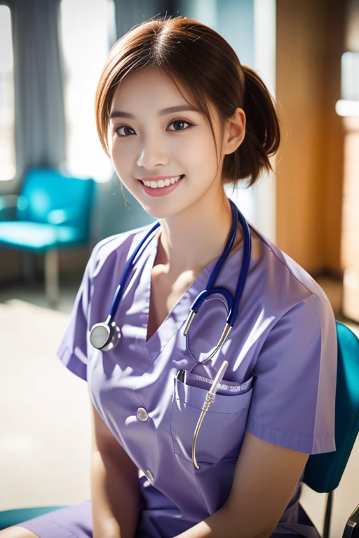 (Ulzzang-6500-v1.1, masterpiece, highest quality:1.3, ultra-detailed 8k:1.2, hyperrealistic:1.35, raw photo:1.2, highest quality, high resolution, wallpaper, realistic, dramatic, realistic painting art by midjourney:1.3, 1 nurse, 28yo, pink nurse uniform, retro hair band, short white tight skirt:1.3, super beautiful, beautiful skin, beautiful and detailed eyes, detailed face, symmatrical face, perfect style, treatment room in a hospital room, cowboy_shot, ample bosom, very detailed face, double eyelid, snaggle-tooth, brown eyes, short ponytail hair, chest strengthening, emphasize body line, friendly smile, beautiful lips, glossy lips, white teeth, bokeh background of the hospital room, perfect lighting, natural soft light)