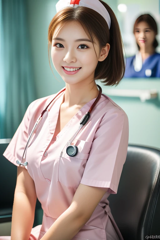 (Ulzzang-6500-v1.1, masterpiece, highest quality:1.3, ultra-detailed 8k:1.2, hyperrealistic:1.35, raw photo:1.2, highest quality, high resolution, wallpaper, realistic, dramatic, realistic painting art by midjourney:1.3, 1 nurse, 28yo, pink nurse uniform, retro hair band, short white tight skirt:1.3, super beautiful, beautiful skin, beautiful and detailed eyes, detailed face, symmatrical face, perfect style, treatment room in a hospital room, cowboy_shot, ample bosom, very detailed face, double eyelid, snaggle-tooth, brown eyes, short ponytail hair, chest strengthening, emphasize body line, friendly smile, beautiful lips, glossy lips, white teeth, bokeh background of the hospital room, perfect lighting, natural soft light)