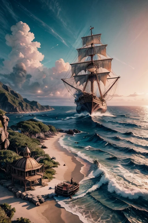 Pirate island, Pirate ships on Island, Treasure chest on island, Treasure Island, blue ocean surrounding the island, carrabean island atmosphere, tropical island, ocean waves, Island in the ocean, digital art, intricate details, 8k, photorealistic, hyperrealistic, cinematic lighting, dramatic lighting, high quality, intricate details, masterpiece, digital art