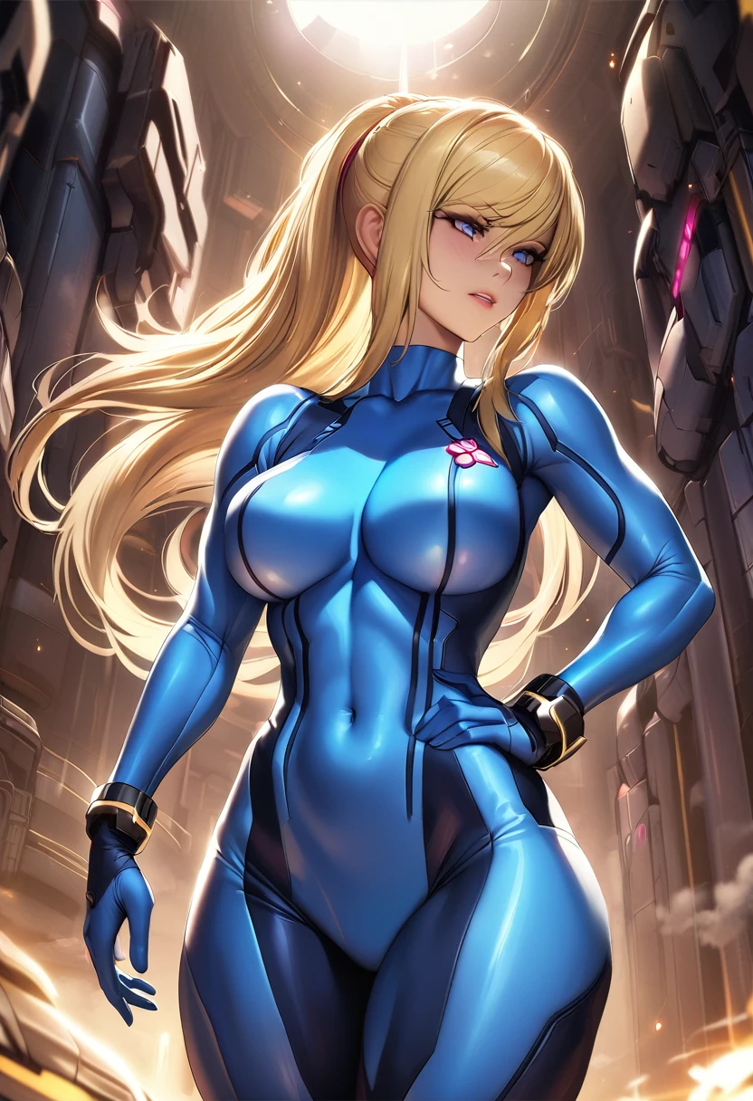 masterpiece, best quality, 1girl, (neoartcore:0.25), high quality cg defsamus, blonde hair, bodysuit, blue clothes, blue gloves,, cowboy shot, hand on hip, looking to the side, futuristic