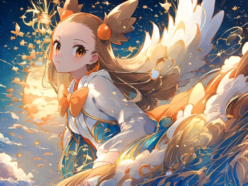 (masterpiece, Highest quality:1.2), Very detailed,Bright colors, 4K, jasmine \(Pokemon\), Princess Dress, White jacket, Round orange ribbon, Brown eyes