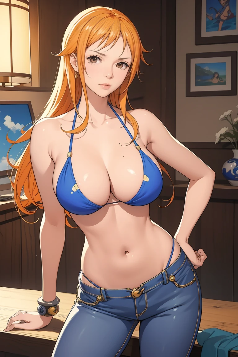 (masterpiece, Highest quality),Browsing Caution,Cartoon photo of a woman in a bikini top and jeans, Anime drawings inspired by Masamune Shirow, Pixiv, Self-sastructing art, Enchanting anime girl, Nami One Piece, Biomechanical , Nami from One Piece, Pixiv 3dcg, , I also make fan art, top rated on Pixiv