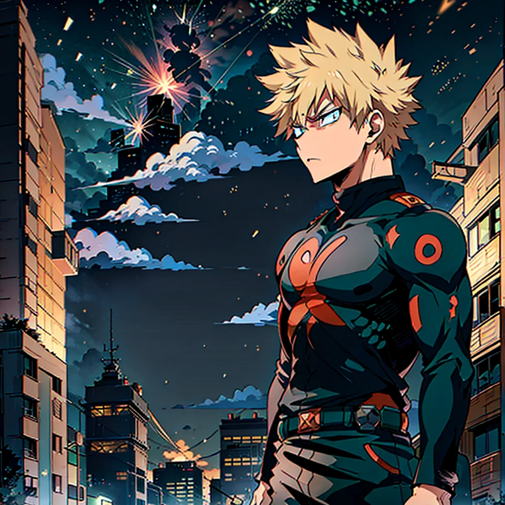 the anime, (Best Quality), ((1 adult boy)), ((muscled body)), Bakugou (Hakuji) AB: Boku no Hero, standing in front of a building , (Night landscape in a building ), ((Ultra-short black hair)), ((Impassive green eyes)), (((Hair back))), (((open forehead))), boku no hero clothes , a waist belt, looks at the viewer, The Art of Boku no Hero, Boku no Hero artstyle, Boku no Hero