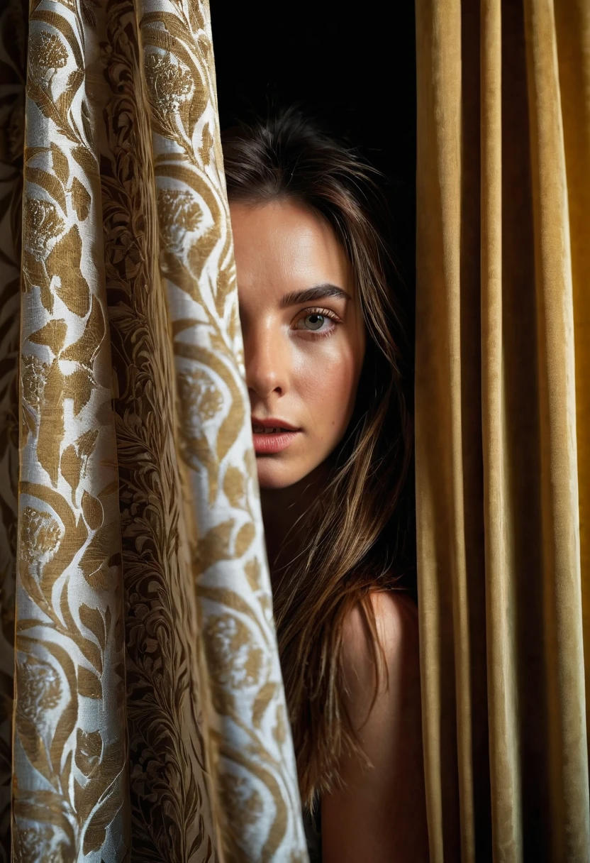 RAW photo, woman peeking from behind curtains, colorful details, award winning, high detailed, 8k, natural lighting, analog film, detailed skin, amazing composition, intricate details, subsurface scattering, velus hairs, amazing textures, filmic, chiaroscuro, soft light