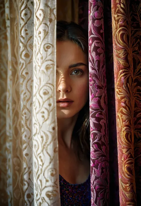 raw photo, woman peeking from behind curtains, colorful details, award winning, high detailed, 8k, natural lighting, analog film...