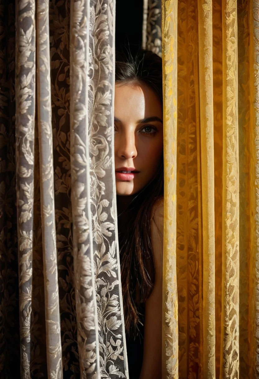 RAW photo, woman peeking from behind curtains, colorful details, award winning, high detailed, 8k, natural lighting, analog film, detailed skin, amazing composition, intricate details, subsurface scattering, velus hairs, amazing textures, filmic, chiaroscuro, soft light