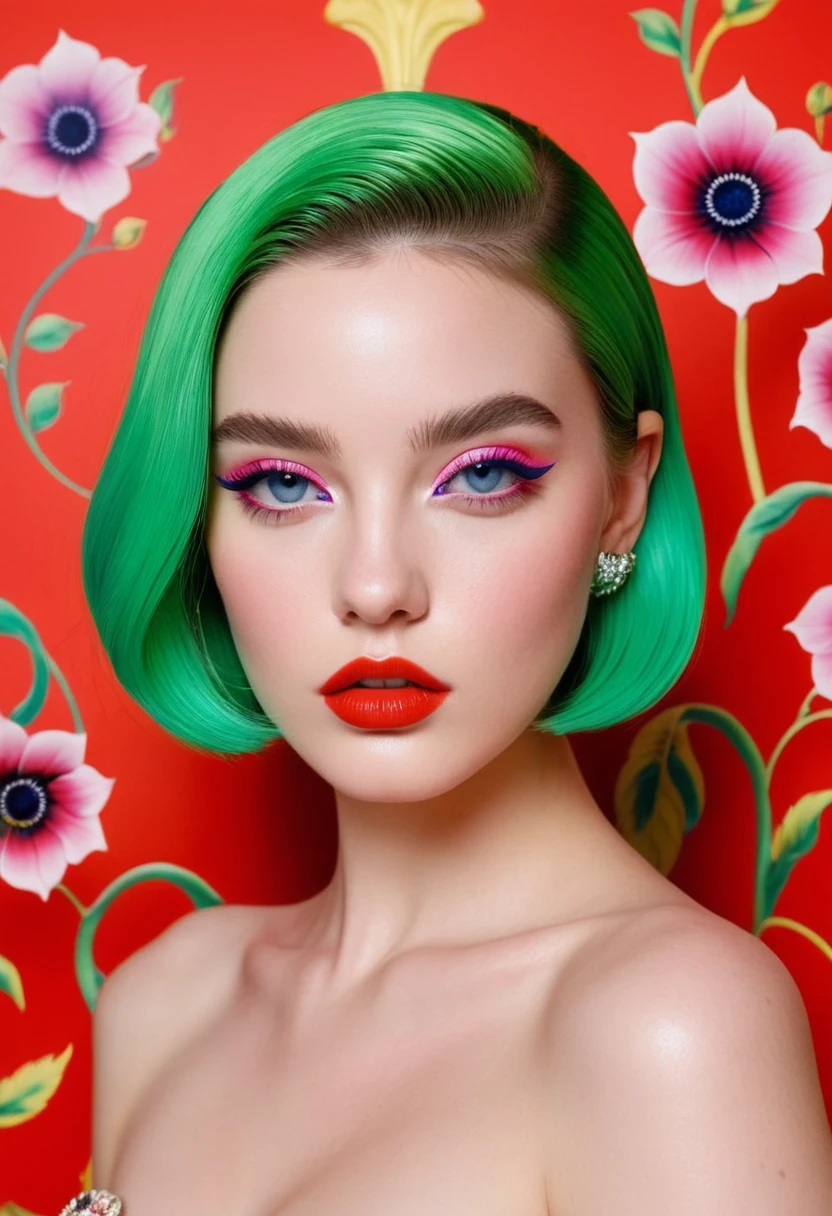 detailed portrait Photo of a beautiful 20yo woman who is an instgram influencer, detailed rich background by Miles Aldridge