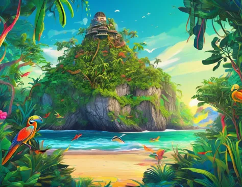 (mysterious island:2.0)、tropical sandy beaches、lush mangrove forest、animal、detailed marker outline, cute, art brut style, dynami...