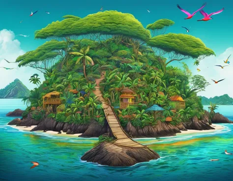 (mysterious island:2.0)、tropical sandy beaches、lush mangrove forest、animal、detailed marker outline, cute, art brut style, dynami...