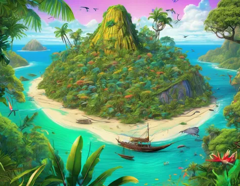 (mysterious island:2.0)、tropical sandy beaches、lush mangrove forest、animal、detailed marker outline, cute, art brut style, dynami...