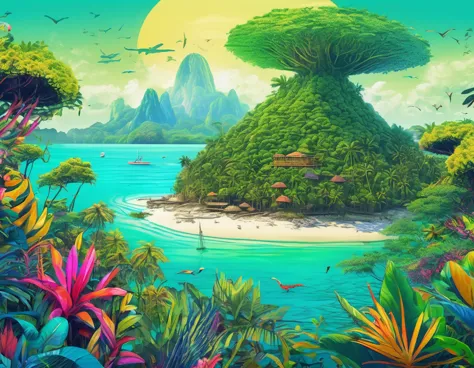 (mysterious island:2.0)、tropical sandy beaches、lush mangrove forest、animal、detailed marker outline, cute, art brut style, dynami...