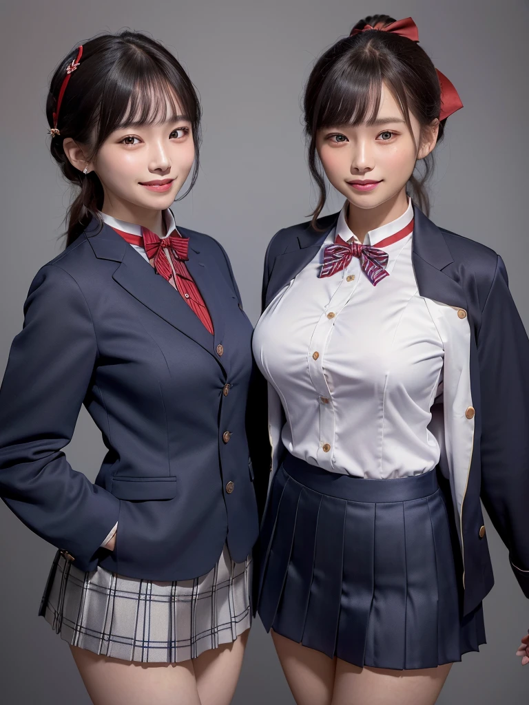 Highest quality、masterpiece、8k、Very detailed、Realistic、(Two Girls)、(Looking at me with a smile:1.5)、whole body、Black Hair、Small face、(Slender:1.2)、(Big Breasts:1.2)、(White business shirt with buttons and a collar:1.2)、(Navy blue short pleated skirt:1.2)、(Navy blue business jacket:1.2)、(Red color bow tie:1.2)、(Everyone dressed the same:1.2)