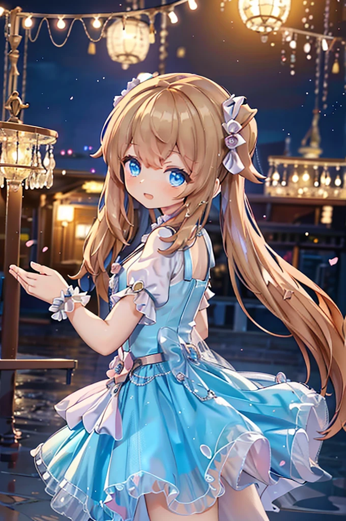 Solo girl, comical, kawaii, Blue eyes, light brown hair, high long twintails, (yellow shirt 1.5), (blue princess dress 1.5), open mouth smile, view from side, looking somewhere, neon and led lights, posing, sexy, high-resolution image, masterpiece, high quality, attractive eyes