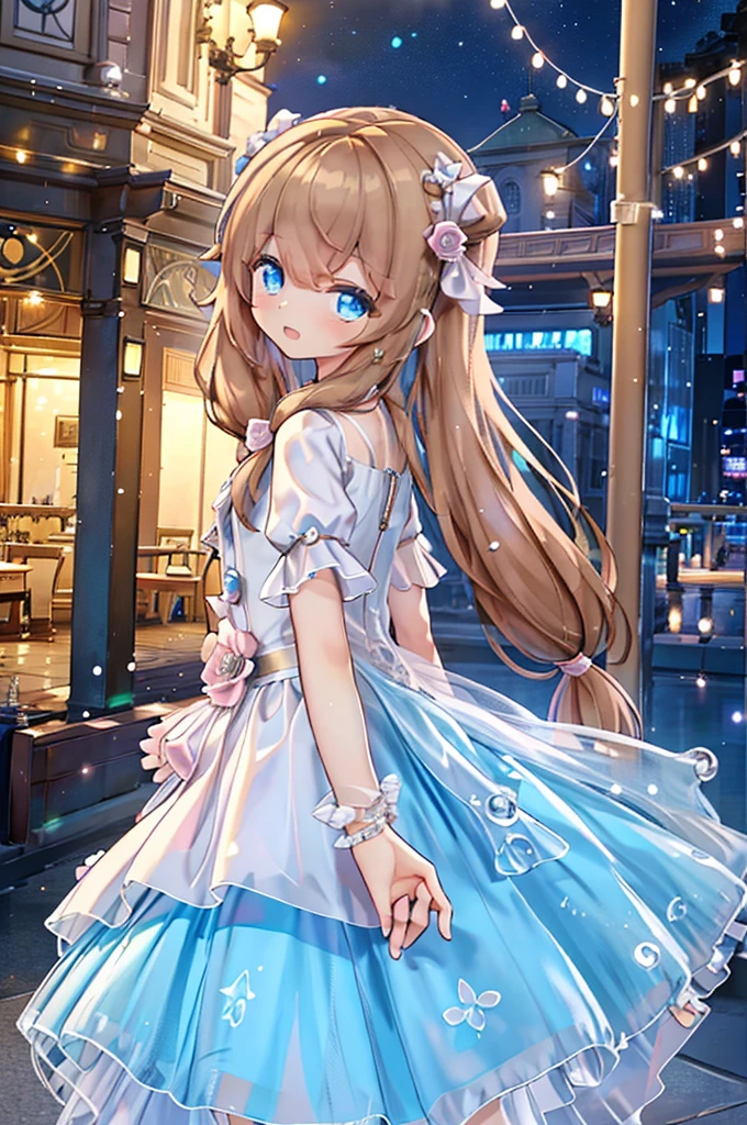 Solo girl, comical, kawaii, Blue eyes, light brown hair, high long twintails, (yellow shirt 1.5), (blue princess dress 1.5), open mouth smile, view from side, looking somewhere, neon and led lights, posing, sexy, high-resolution image, masterpiece, high quality, attractive eyes