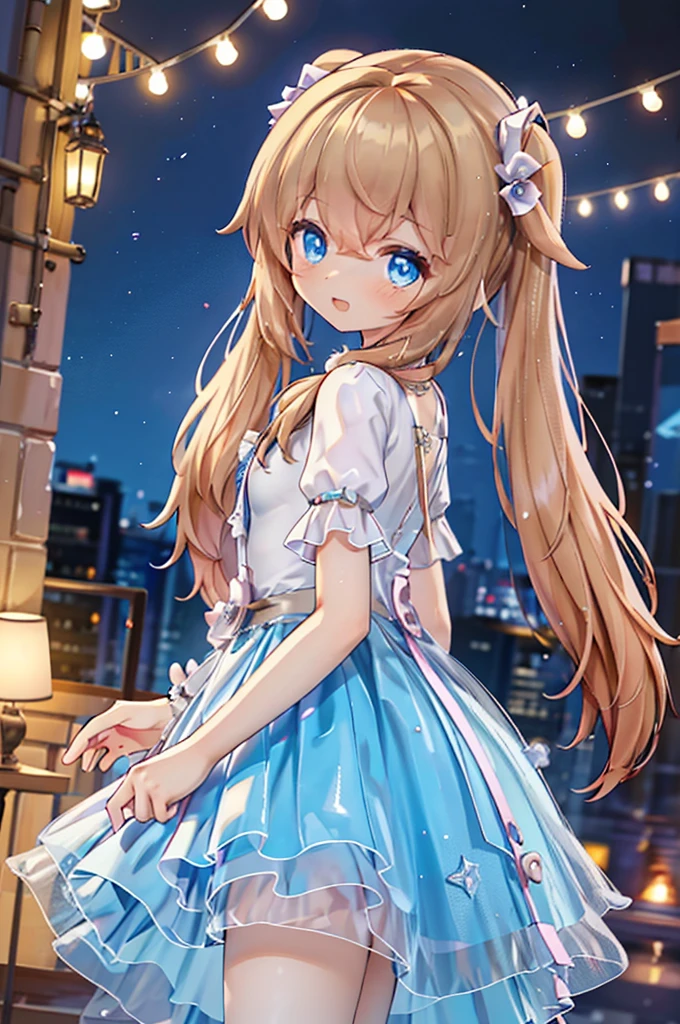 Solo girl, comical, kawaii, Blue eyes, light brown hair, high long twintails, (yellow shirt 1.5), (blue princess dress 1.5), open mouth smile, view from side, looking somewhere, neon and led lights, posing, sexy, high-resolution image, masterpiece, high quality, attractive eyes