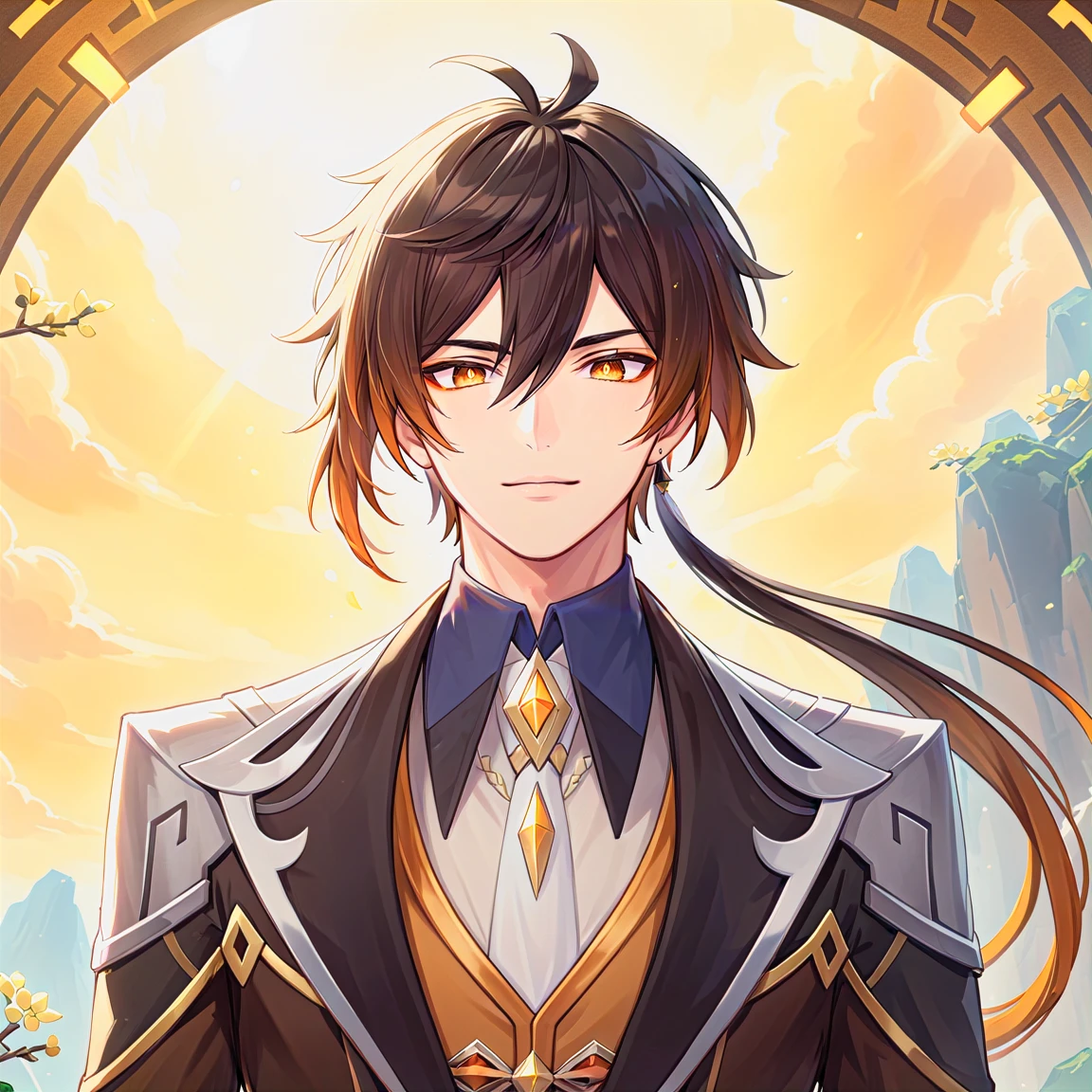 (best quality,4k,8k,highres,masterpiece:1.2),1boy, zhongli_/(archon/)_/(genshin_impact/),male focus,intricately detailed,realistic:.4,intense gold eyes,mature_male, narrow_waist,full body, by carnelian, cel shading, fantasy china background, liyue, mountains,look up at viewer, osmanthus flowers,male focus,solo,long hair,bangs,jewelry,earrings,ponytail,contemplative, thoughtful, calm, serene, red eyeliner, ultra-detailed eyes, volumetric lighting, sunset, golden illumination, wise and kind god,cinematic lighting, ray tracing, UHD, high details, high quality, award winning, super detail,vivid fantasy painting,hd color,seductive eyes,sexy eyes,narrowed eyes,lowered lashes,handsome man,small iris,honkai star rail character,godly,hot asian man,asian eyes,red eyeliner