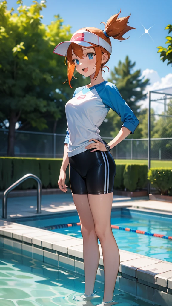 1 girl, masterpiece, best quality, highres, ro1, Misty from pokemon, hair bun, blue eyes, visor cap, , raglan sleeves, blue bicycle shorts, small ponytail on the side, wristwatch, standing, hand on hip, smile, open mouth, (sparkle:1.1), orange hair, medium breasts, 3/4 body view, outdoors, swimming pool