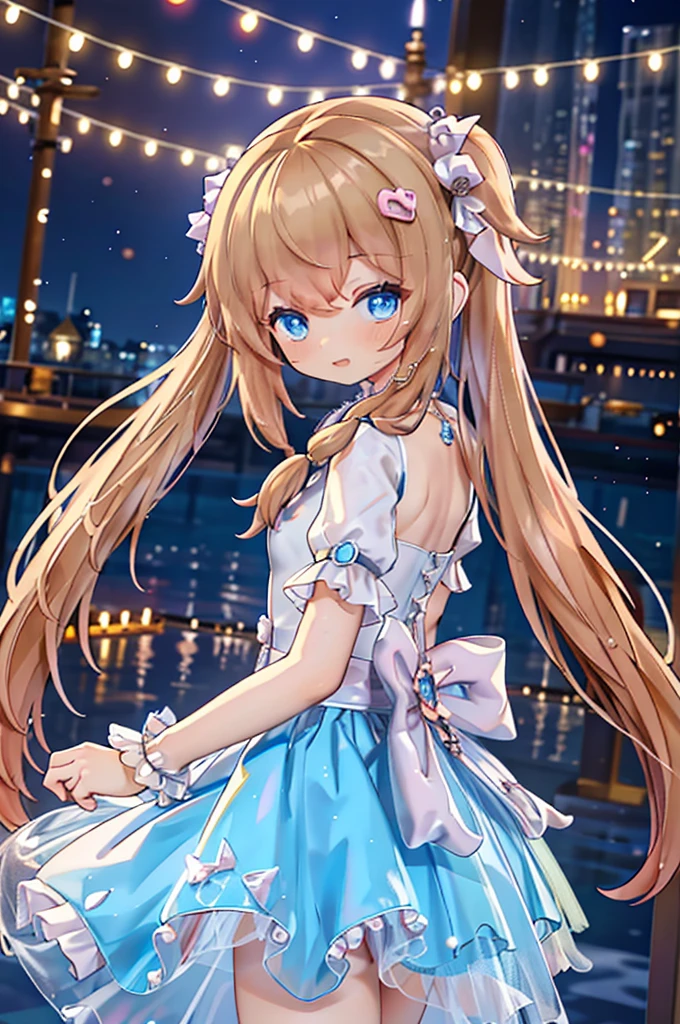 Solo girl, comical, kawaii, Blue eyes, light brown hair, high long twintails, (yellow shirt 1.5), (blue princess dress 1.5), open mouth smile, view from back, looking somewhere, neon and led lights, posing, sexy, high-resolution image, masterpiece, high quality, attractive eyes