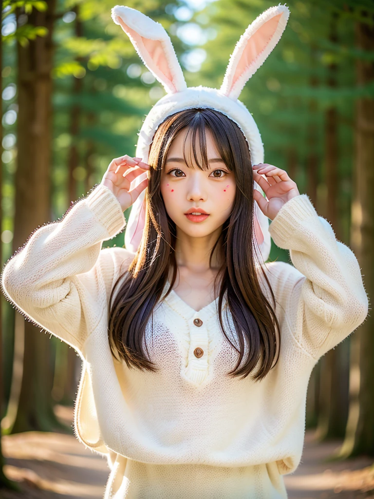 FEMALES、(oversized_Wearing a sweater、bunny_ears_hat:1.3)、Red bunny_ears、
good hand、4K、hight resolution、​masterpiece、top-quality、headw:1.3、((Hasselblad photo))、Fine skin、Sharp focus、(lighting like a movie)、Soft lighting、dynamic ungle、[:(Detailed face:1.2):0.2]、medium chest、((at a forest)))、