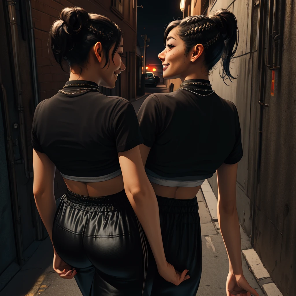 Chitose,black hair,brown eyes,short hair,ponytail,braids,short sleeves,
crop top, showing rear,black pants,necklace,street,night,alley, smile, 
(insanely detailed,masterpiece, best quality)((solo,1girl,alone))