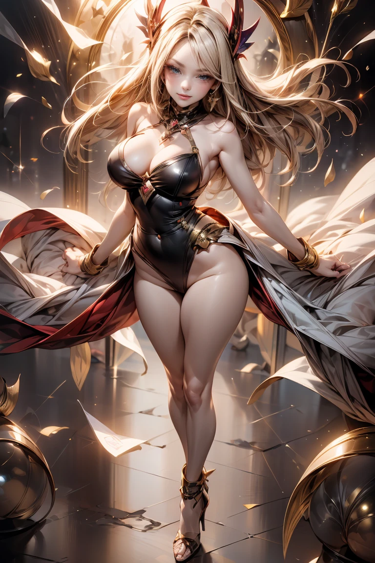 (Masterpiece:1.2), (The best quality:1.2), perfect lighting, Dark Magician Girl casting a spell, in battle. floating in the air, visible tits, she is naked. From above, sparkles, Yugioh game, The magic of the heart. LIGHTS OF THE HEART, romantic heart. She wears gold heels. In heels. heels 