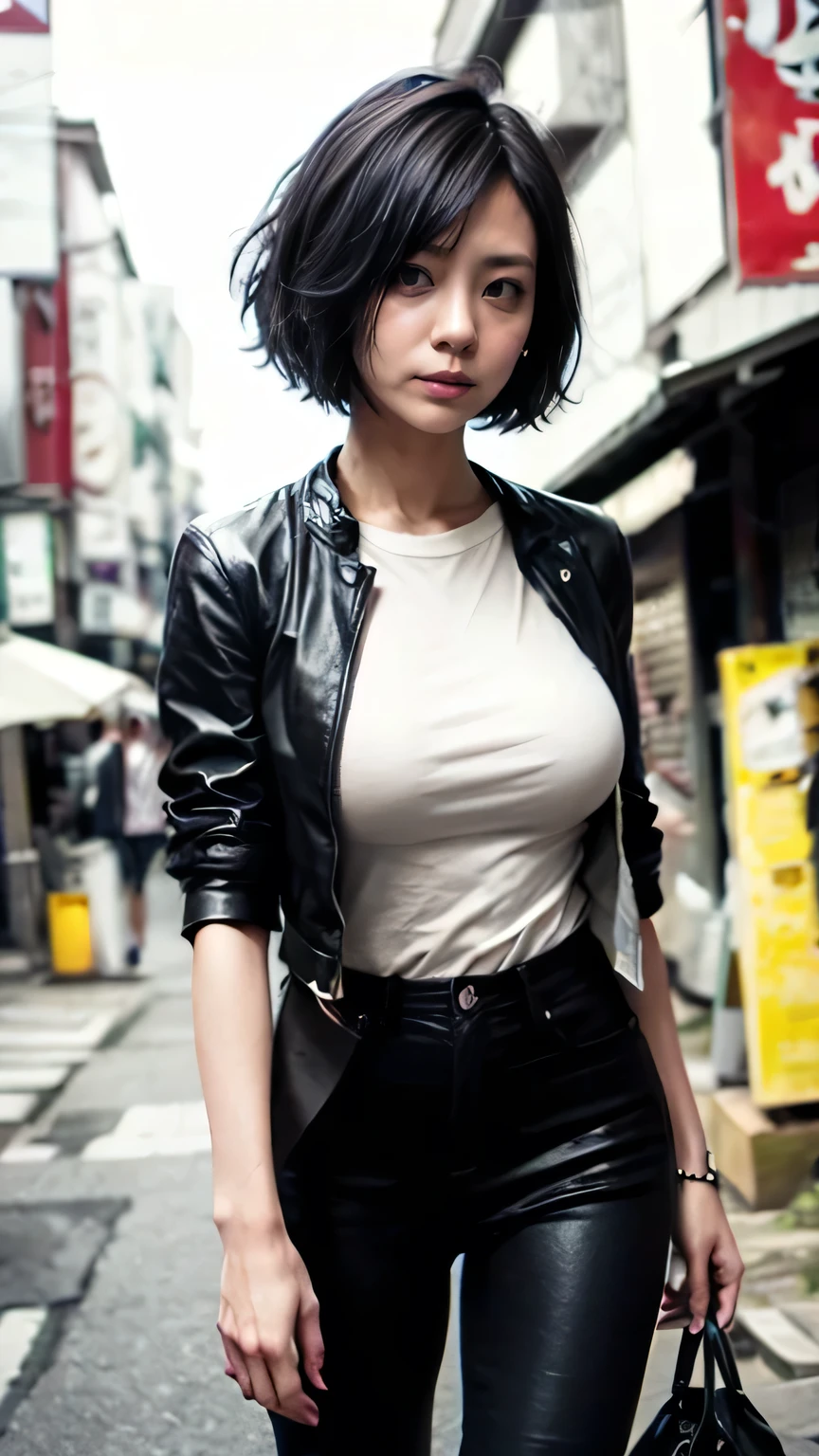 Tokyo Street、Woman walking on the street、Boyish Woman、the wind is strong、(Realistic、Like a photograph、Live Action、8k, Realistic, RAW Photos, Best image quality: 1.4), Single-lens reflex camera、RAW Photos, Highest quality, Realistic, Highly detailed CG Unity 8k wallpaper, Written boundary depth, Cinematic Light, Lens flare, Ray Tracing, Realistic background、(A fitted mini T-shirt:1.4、Abdominal muscles、Leather jacket、Black skinny pants:1.4、Big Breasts)、(The strap of the bag passes between the chest、paisla、Shoulder bag)、((Silver Inner Color Hair:1.1))、Cute Japanese Band Girls、((whole body:1.5))、(short hair:1.2、My hair flutters in the wind:1.5)、I like that style、stylish、Very detailed、Pay attention to the details、Perfect outfit、(White skin)、Beautiful feet:1.1、View from the front、Accurate Arm、Meet on a street corner、Super detailed face