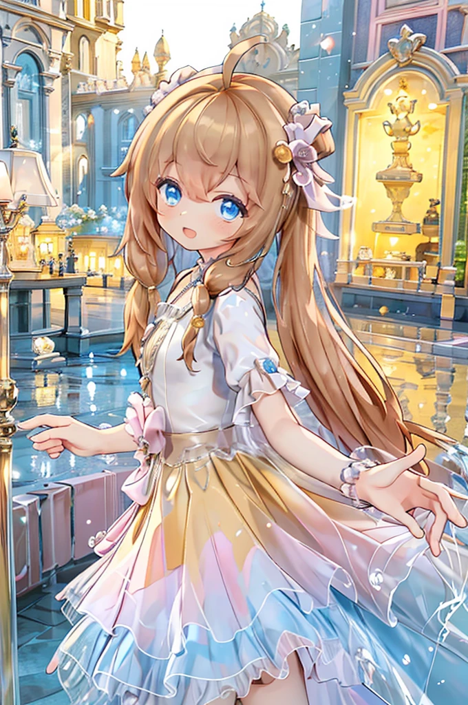 Solo girl, comical, kawaii, Blue eyes, light brown hair, high long twintails, (yellow shirt 1.5), (yellow princess dress 1.5), ignore the viewer, open mouth smile, top angle, posing, sexy, high-resolution image, masterpiece, high quality, attractive eyes