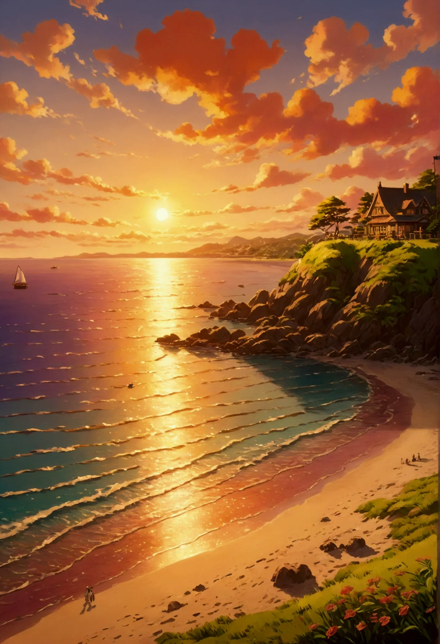 ghibli　summer　beach at sunset