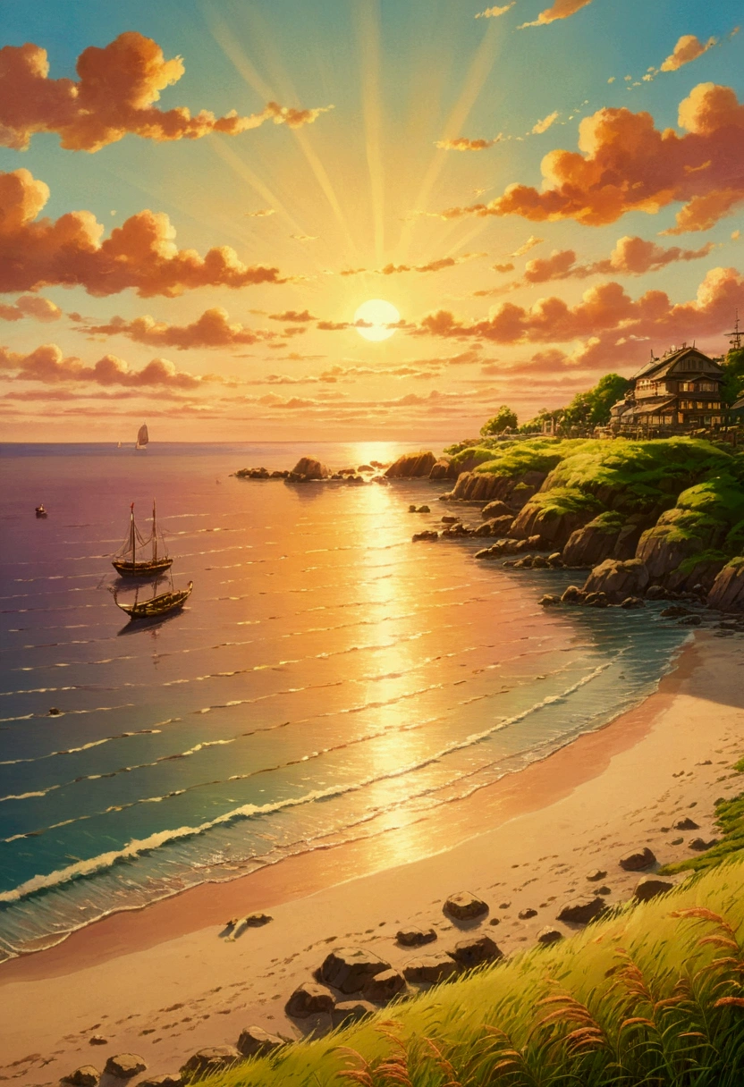 Ghibli　summer　Beach at sunset　