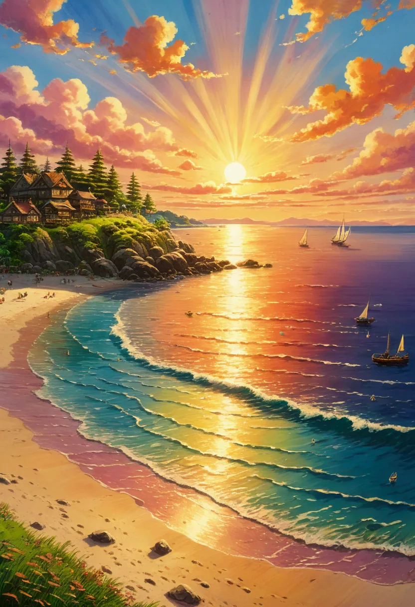 ghibli　summer　beach at sunset