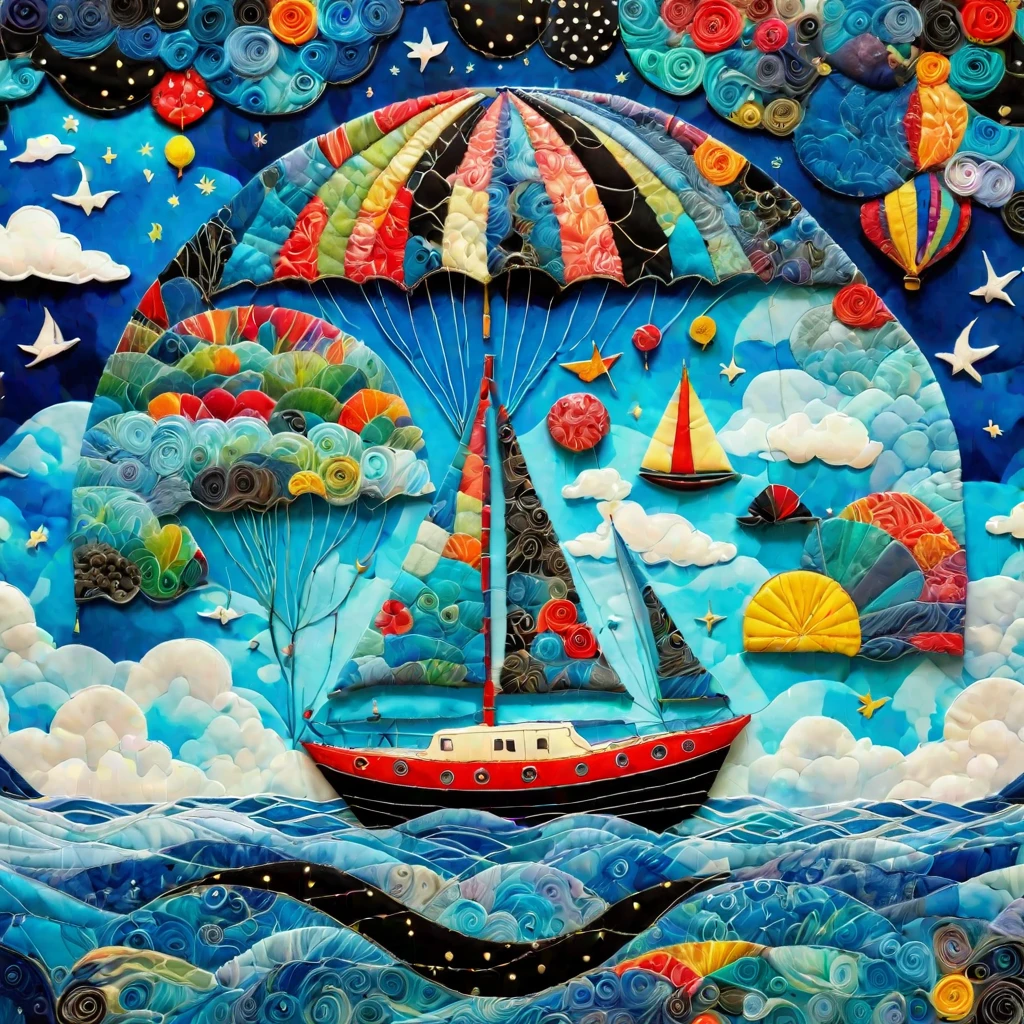 create artistic handmade pieces,This is a dreamy and colorful work that looks like an illustration in a picture book.,Collage using various art materials,A sky pattern drawn by mixing blue and black,watercolor style background,cloth,quilting,Embroidery thread,landscape,yacht floating on the sea,rich expression,Use various patterns such as geometric patterns and traditional patterns,An imaginative dream world,happy dream,artwork,patchwork,intricate details,anatomically correct,perfect anatomy,kind,rich colors,Careful to every detail