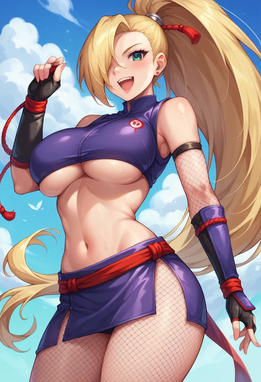 masterpiece, best quality, (1 girl), solo, wide hips, (big breasts), grin, young girl, wide hips, ninja village, nighttime, detailed eyes, open mouth, ((wearing a slutty ninja outfit)), slutty, (very long hair), curvy, nice hips, kunoichi, ((ninja girl)), ninja outfit, midriff, short skirt, (fishnet), underboob, kunoichi skirt, blonde hair, fishnet bodycon, wide hips, (ino yamanaka), ponytail, hair over one eye,