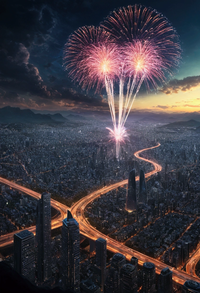 View from the top of the mountain，Cyberpunk Style，（（（firework））），（（（绚丽的firework））），3D Effects，A huge, decadent ringed city，intersection，Elevated，high road，night，（（Many planes circling）），Pedestrian，rain，Inverted Image，high quality，（16K resolution），（（Ultra-detailed）），（（Artwork by）），Ultra-realistic，Light，Dynamic Lines，OC Rendering