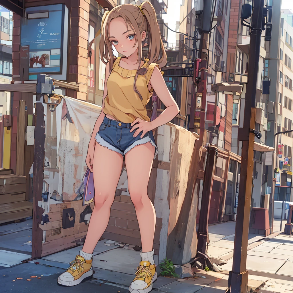 13 years old sexy girl similar to elle fanning, beautiful detailed eyes, beautiful detailed lips, extremely detailed eyes and face, long brown hair, two pigtails, relaxed expression, red sleeveless top, yellow sweater, jean shorts, white sneakers, sidewalk, urban setting, natural light, photorealistic, 8k, detailed, perfect hands, 💯 little body, very youthful body and face, full body shot