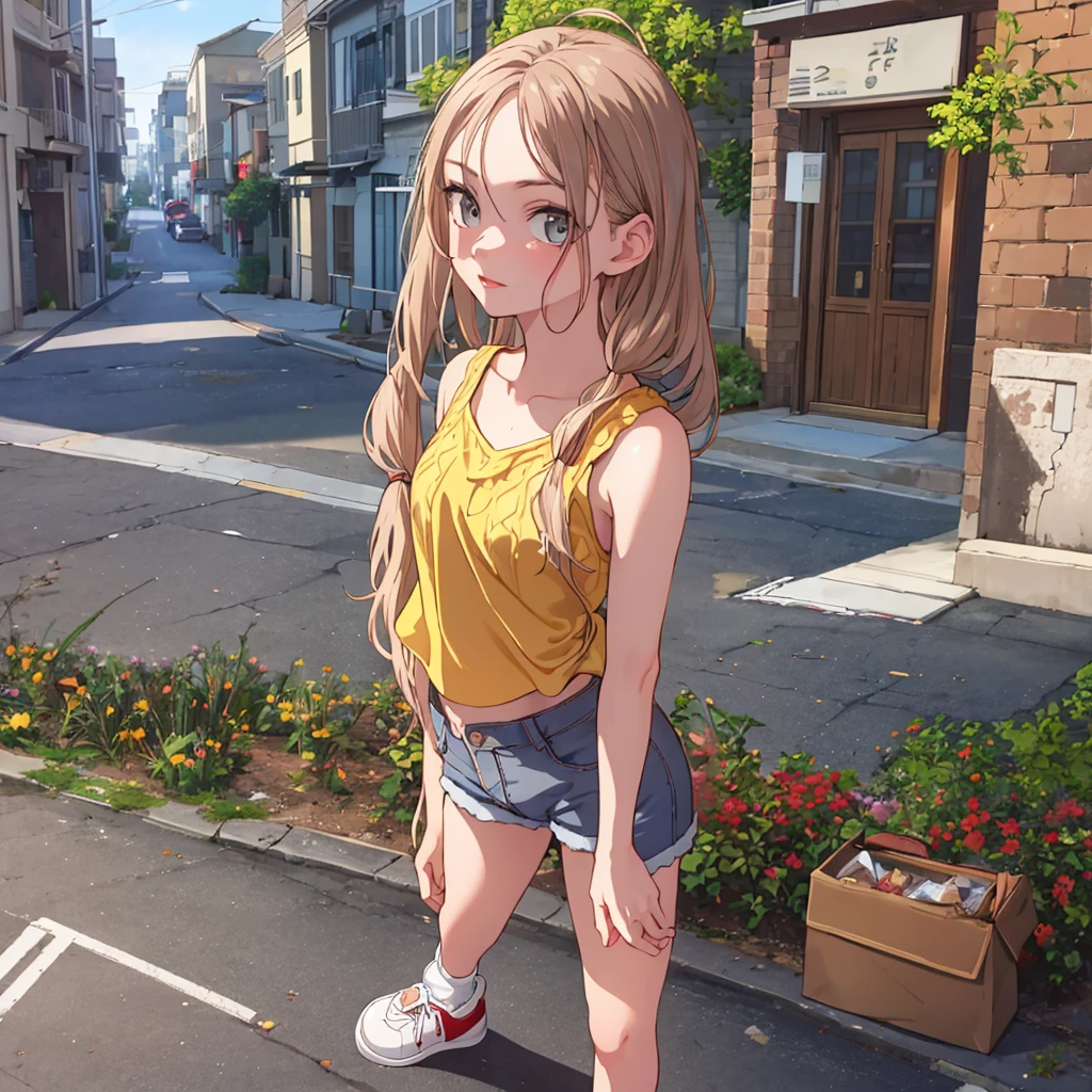 13 years old sexy girl similar to elle fanning, beautiful detailed eyes, beautiful detailed lips, extremely detailed eyes and face, long brown hair, two pigtails, relaxed expression, red sleeveless top, yellow sweater, jean shorts, white sneakers, sidewalk, urban setting, natural light, photorealistic, 8k, detailed, perfect hands, 💯 little body, very youthful body and face, full body shot