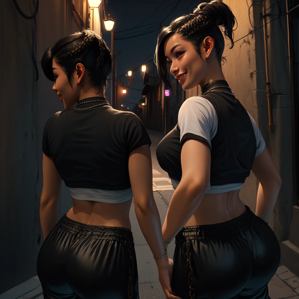 Chitose,black hair,brown eyes,short hair,ponytail,braids,short sleeve,
crop top, (hands on her butt),black pants,necklace,street,night,alley, smile, 
(insanely detailed,masterpiece, best quality)((solo,1girl,alone))