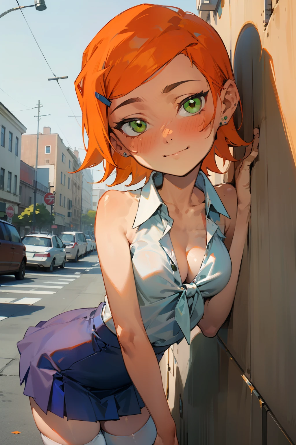 (masterpiece), best quality, ultra-detailed, 1girl( gwendolyn_tennyson, breasts, naked body, orange hair, short hair, green eyes), a face in love, weary smile, nose blush, blush, solo, head tilt, facing viewer, looking at viewer, white shirts(tied), sleeveless, cleavage, purple skirt, ultra mini skirt, white thighhighs, outdoor, standing, Sexy waist teasing