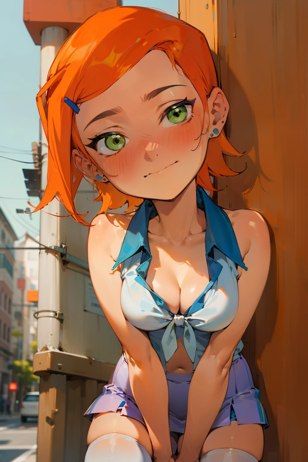 (masterpiece), best quality, ultra-detailed, 1girl( gwendolyn_tennyson, breasts, naked body, orange hair, short hair, green eyes), a seductive face , weary smile, nose blush, blush, solo, head tilt,  looking at viewer, white shirts(tied), sleeveless, cleavage, purple skirt, ultra mini skirt, white thighhighs, outdoor, standing, 